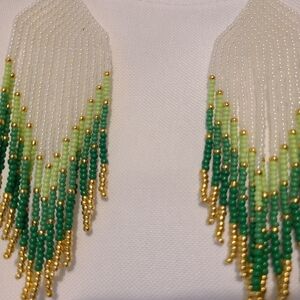 Elegant Green and Gold Beaded Earrings